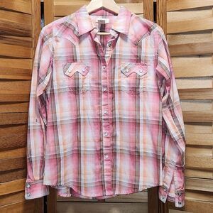 Wrangler Pink Brown Orange Western Plaid Shirt Women M Long Sleeve Cotton Pearl